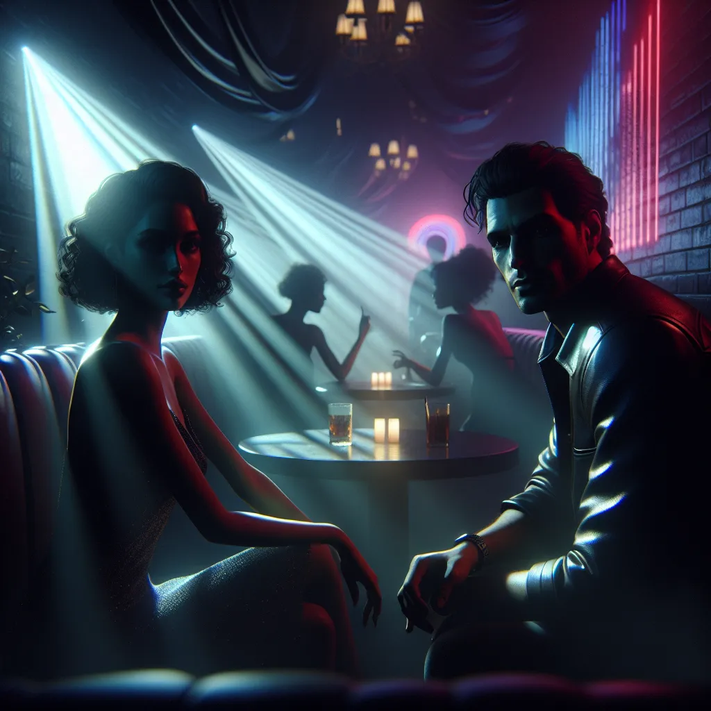 A mysterious and tense scene in a dimly lit club booth, featuring Nicolette and a stranger. Music pulses in the background as they share a moment of dangerous seduction.