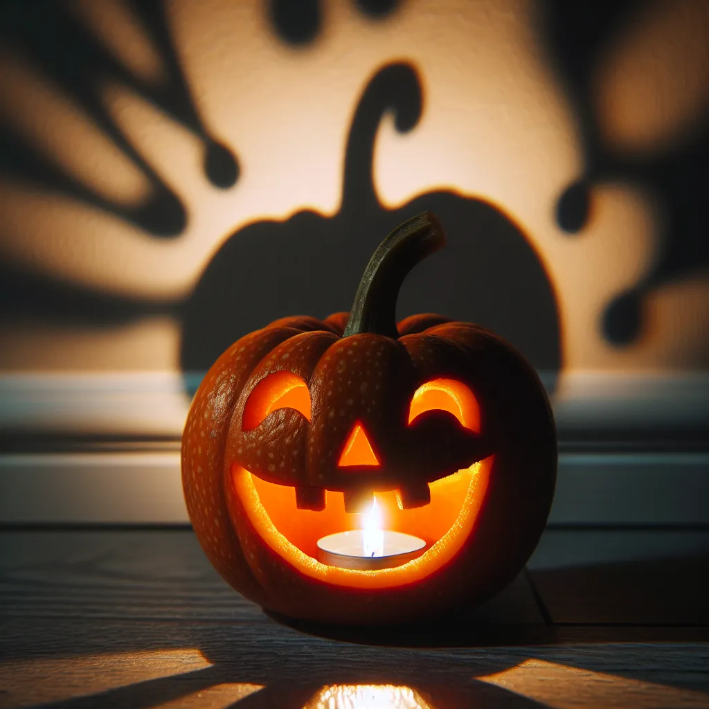 The image is of a small, stout pumpkin with a carved face resembling a wide, toothy grin and large, jovial eyes. Inside the pumpkin, a small flickering candle casts playful shadows on the walls.