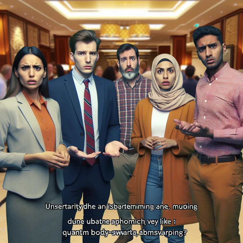 An image of a hotel lobby, with a group of four people standing together, looking confused and exchanging glances. The image should capture the sense of mystery and uncertainty surrounding the quantum body-swapping phenomenon they are experiencing.