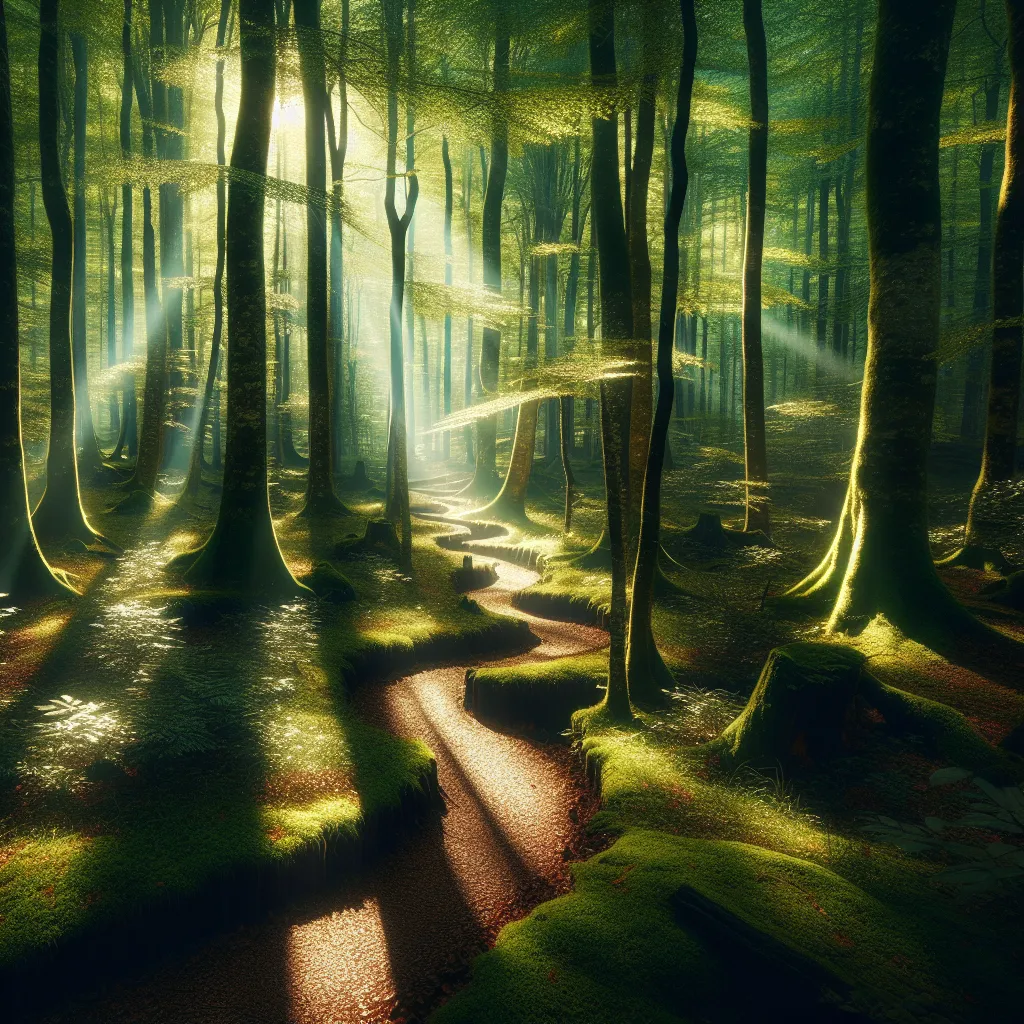 A captivating image depicting a serene forest scene with towering trees, sunlight filtering through the leaves, and a winding path leading into the distance.