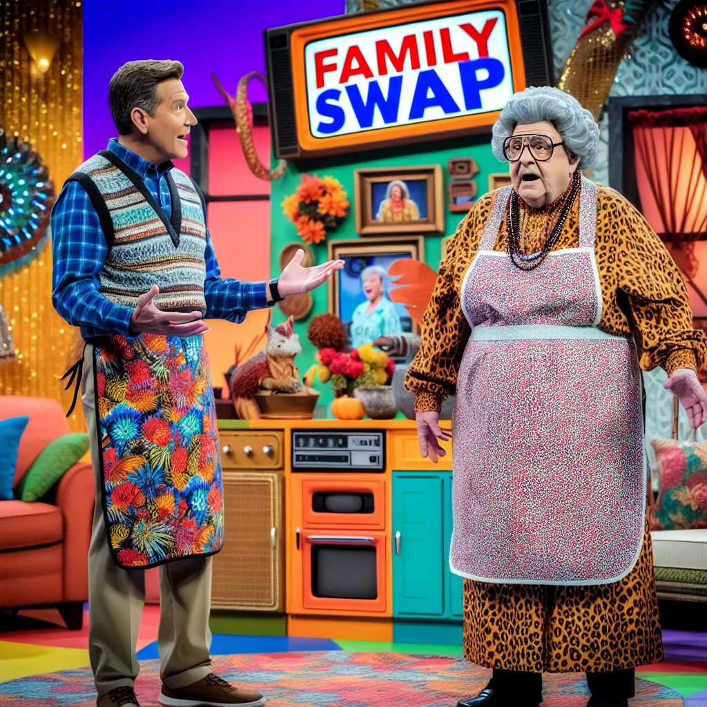 A humorous scene unfolds as a character's friend unexpectedly finds himself face to face with his friend's transformed appearance, in the body of his own mother, wearing only an apron and leopard print undies. The reality show *Family Swap* takes an unexpected turn as the two navigate the chaos of borrowed bodies and hilarious mishaps.