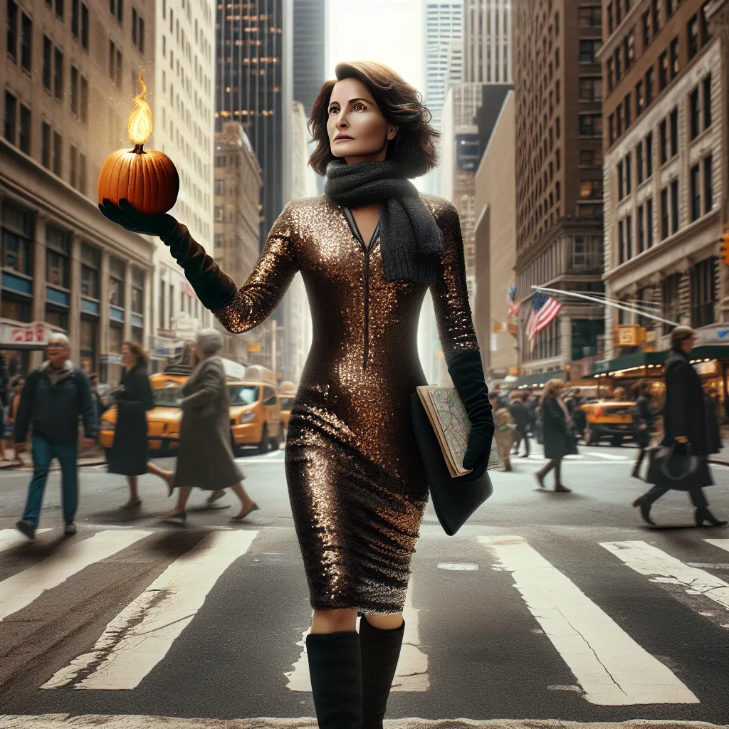 This image could depict a confident, determined woman named Pumpkin, dressed in a tight-fitting sequined dress and black gloves, walking through the vibrant streets of New York City. She carries a small map in her hand, symbolizing her determination to find her way back home to Houston. The image captures Pumpkin's resilience and the sense of hope she carries with her as she navigates an unfamiliar city.