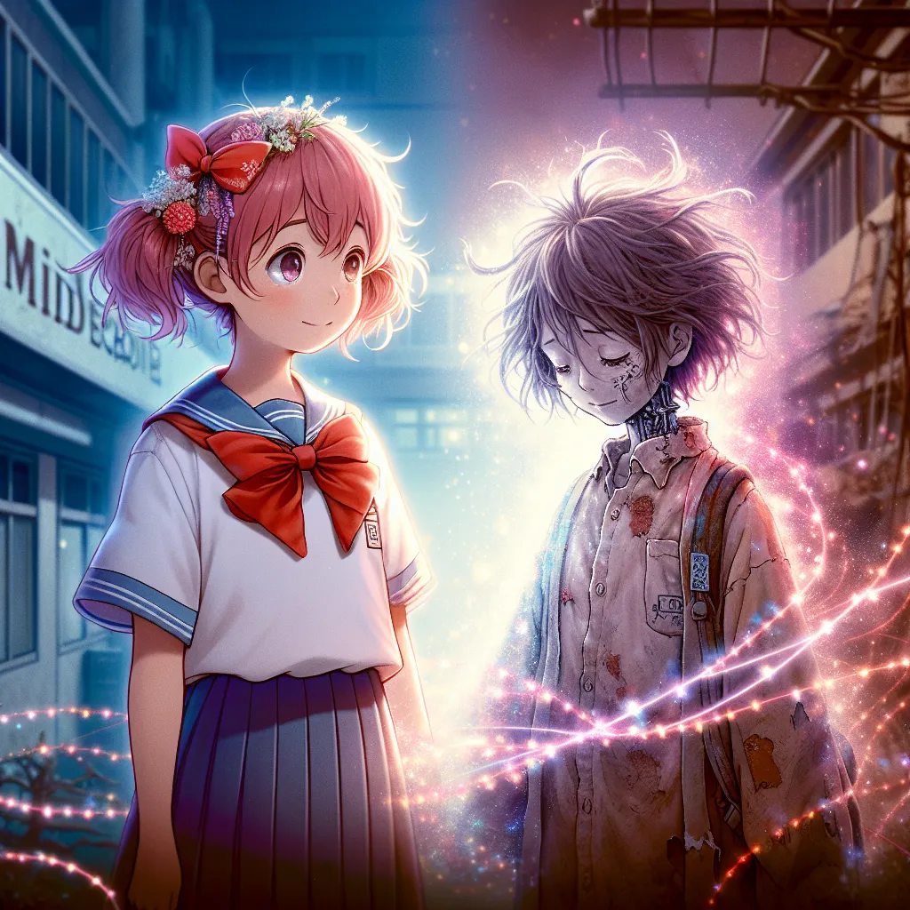 A poignant scene showing Madoka Kaname, a gentle girl with pink pigtails and red ribbons in a school uniform, standing side by side with Dawn, a ragged, homeless girl with uneven hair and worn clothes; they are connected by a glowing, ethereal bridge of light and shadow symbolizing hope and transformation, set against a backdrop blending a middle school and a dim urban street.