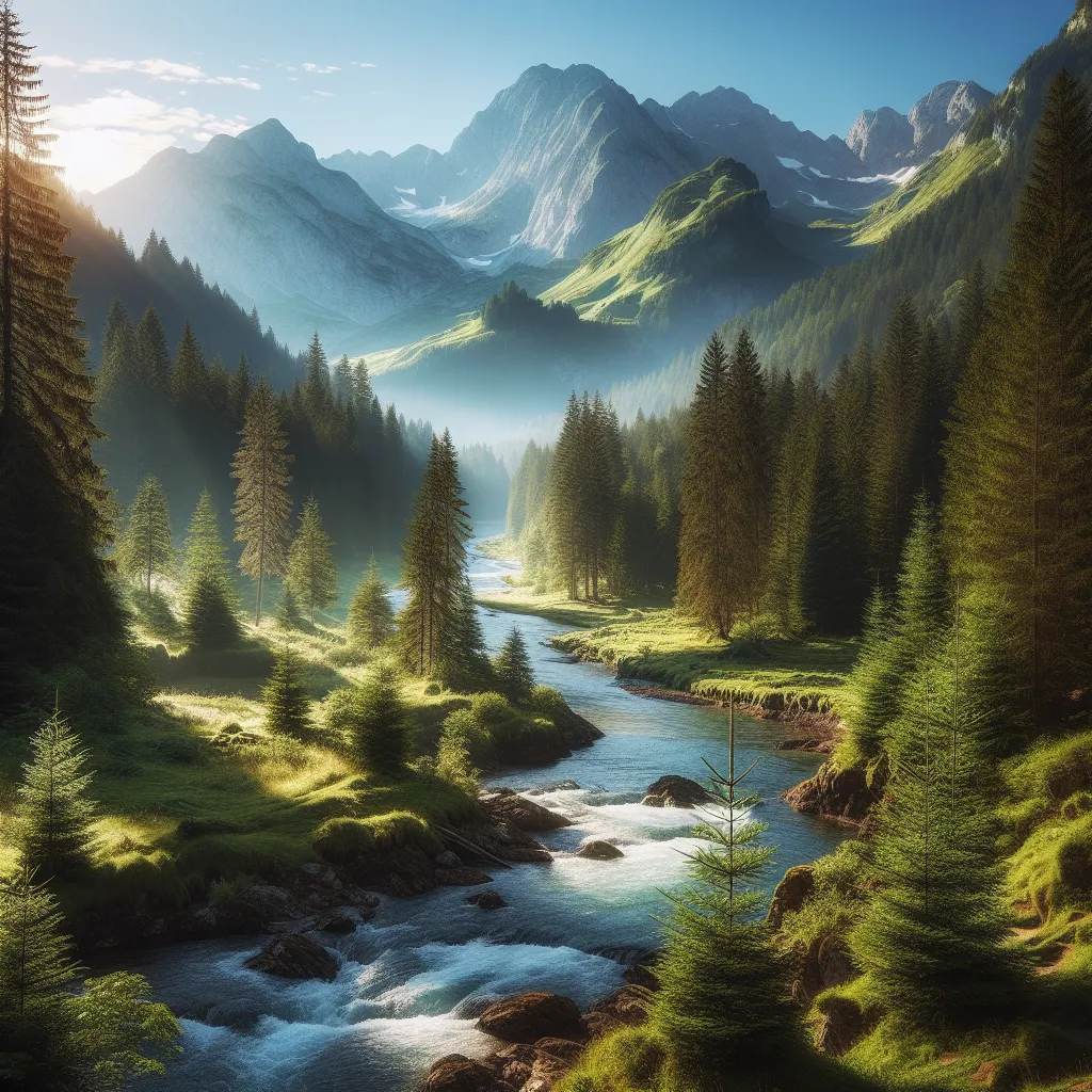 No problem. Here's a concise description for an image: "A serene mountain landscape with a clear blue sky, lush green trees, and a sparkling river running through it."