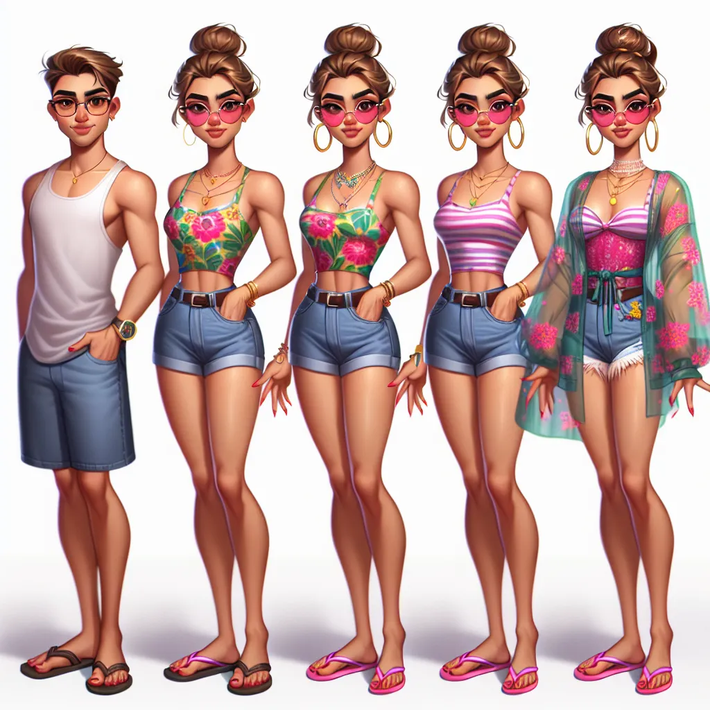 Joshua's transformation into Isabella, a confident and stylish woman, is the focus of this image. Isabella is seen wearing a colorful tank top with floral patterns, denim shorts, feminine pink flip flops, and stylish sunglasses. She is also adorned with six pieces of jewelry, including large hoop earrings and a gold wedding ring. Her hair is neatly styled in a bun, and her nails are painted red. Isabella is shown standing confidently, ready to embrace her new identity and enjoy her life as a wif