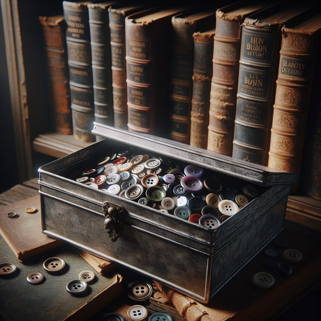 Description: An image of a metallic box with an array of unlabelled buttons. The box sits on a dusty shelf, surrounded by old books in a dimly lit library.