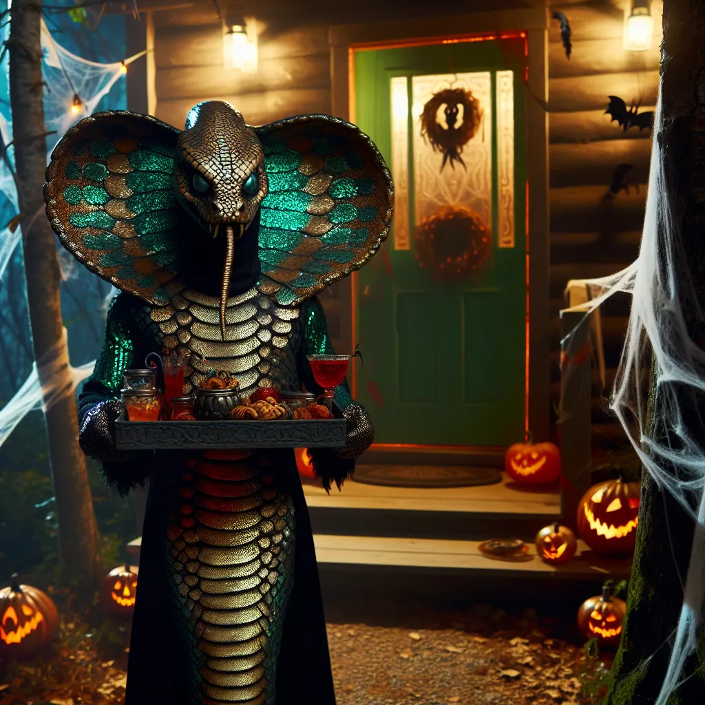 A mysterious figure dressed in an intricate serpent costume, complete with shimmering scales and glassy contact lenses, stands at the door of a glowing cabin in the woods on Halloween night. The scene is set with spooky decorations, including bats and cobwebs, creating an eerie atmosphere as the figure holds a tray of snacks and drinks, ready to join the Halloween party inside.