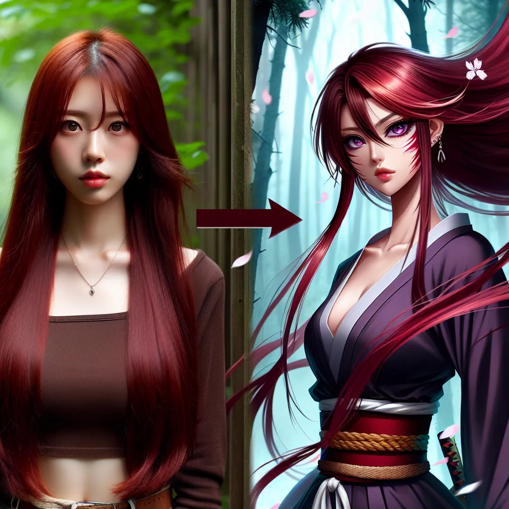 Description: A young woman stands confidently amidst a mystical forest, her long, silky red hair flowing delicately over her shoulders. With striking violet eyes and an ethereal resemblance to her mother, she embodies a transformation from a familiar, spiky-haired young man to a fierce warrior. The image captures the tension between Naruto's resistance and reluctant acceptance of his newfound identity as a powerful kunoichi, representing the metamorphosis of destiny in this haunting horror story
