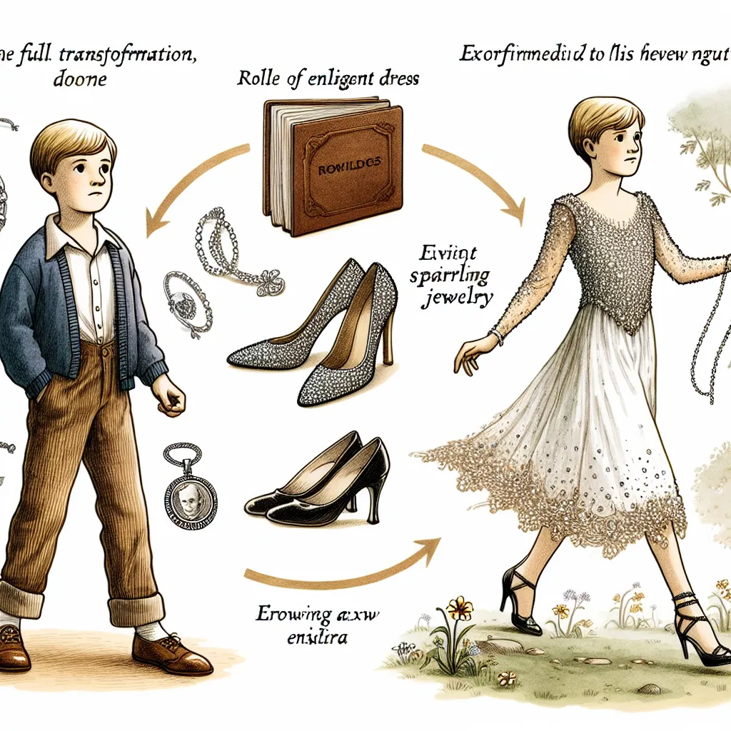 A young boy's transformation into his friend's stylish aunt, complete with descriptions of dress, jewelry, and his growing panic as he embodies this new persona. The image should capture the moment after the full transformation, showcasing the boy now as Aunt Lisa, confidently strutting out the door in high heels and glamorous attire, embodying a new identity.