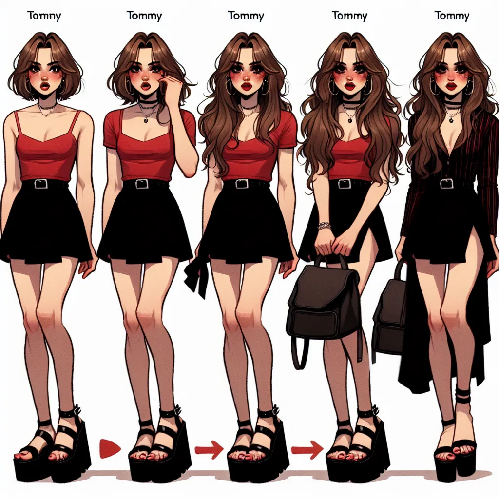 A digital illustration of a young boy, Tommy, transforming into a woman named Patricia. Tommy is seen wearing a red top and a black skirt, with platform sandals and a black purse over his shoulder. He has long, brown hair styled in loose waves and is depicted with makeup, including red lipstick and deep red painted nails. Tommy's transformation is portrayed through a series of images, starting with his confusion and progress in adapting to Patricia's appearance, lifestyle, and interactions with 