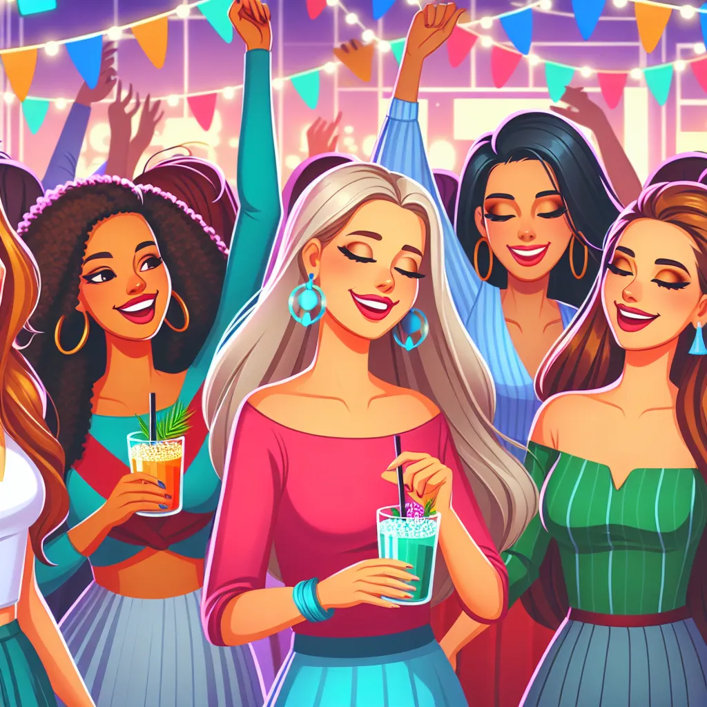 A colorful image depicting Isabella and her girlfriends enjoying a night out at a crowded club, with drinks in hand and dancing with joyful smiles on their faces.