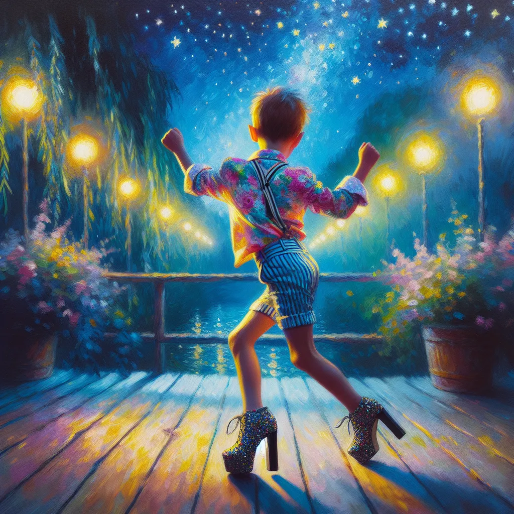 Boy, Transformation, Night, Dance, High-heeled in the style of Monet