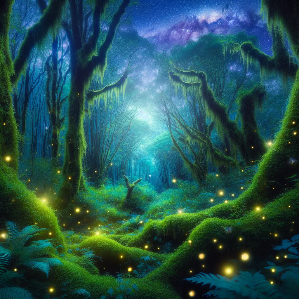 Title: "The Enchanted Forest"

Description: 
A mesmerizing forest scene reveals towering trees draped in vibrant moss, their branches reaching toward the starlit sky. Soft, ethereal rays of moonlight filter through the canopy, casting an enchanting glow upon the enchanting undergrowth below. Flickers of luminescent fireflies provide a whimsical dance of light, while hidden creatures within the forest, such as graceful deer and mischievous foxes, bring life to the magical scene.