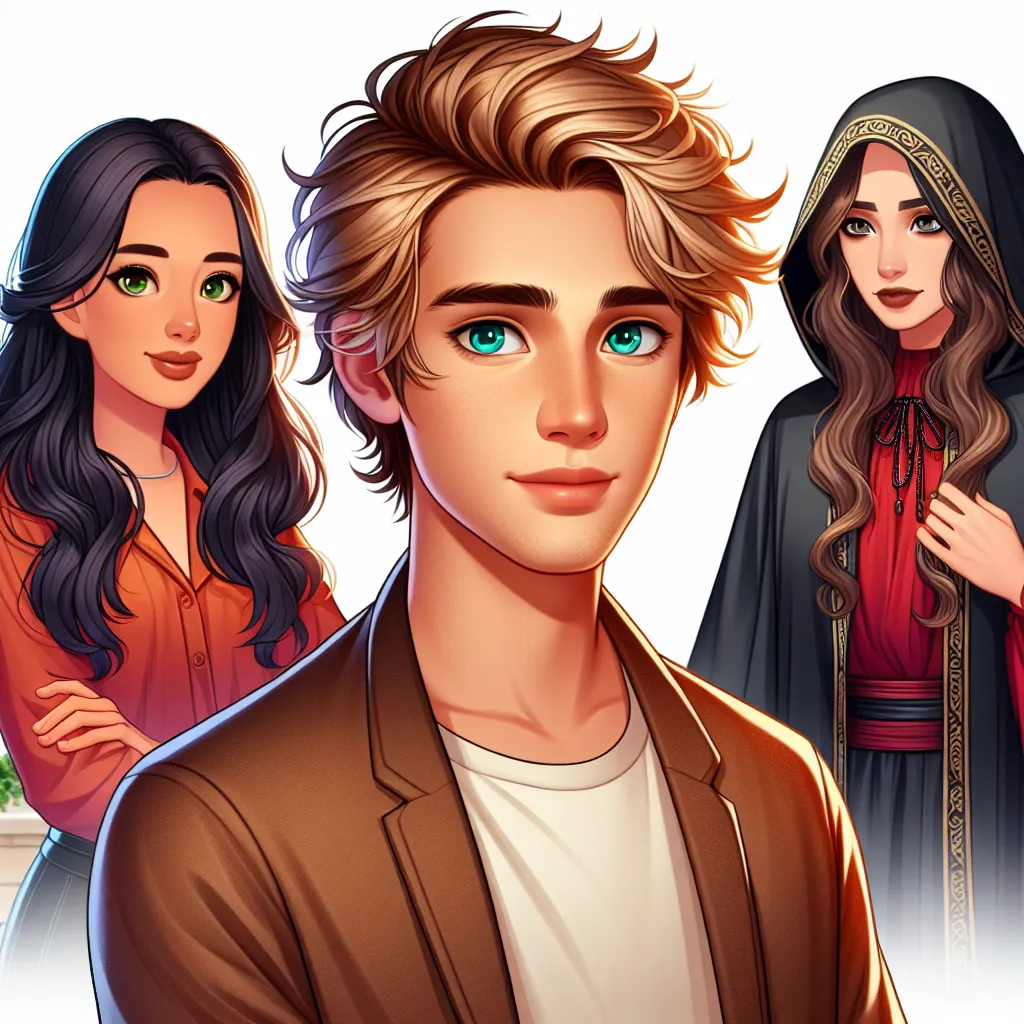 Description: An image featuring a young boy with short, sandy-blond hair styled in a spiky, fun way, bright blue eyes, and wearing a casual outfit. Standing next to him is a woman with long, wavy brown hair, green eyes, and wearing a red blouse and black miniskirt. They are accompanied by a mysterious woman, wearing a flowing robe, as they engage in a conversation.