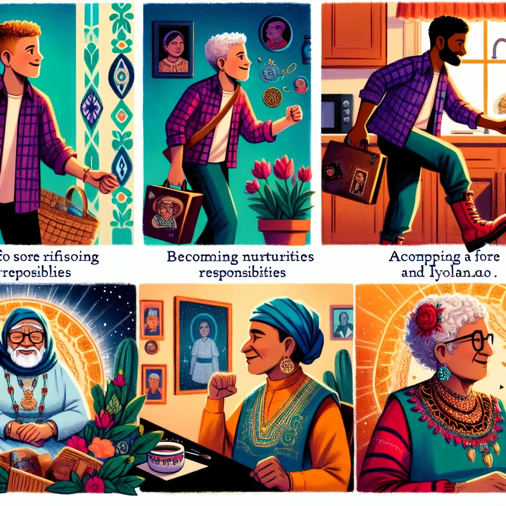A detailed, transformational story featuring the characters Ethan, Jessica, Dana, Mateo, and Yolanda is depicted through various physical changes reflecting a boy becoming a mature woman. Ethan's journey progresses from child to woman, adopting characteristics, outfits, actions, and memories of Yolanda Rivera, portrayed as a Mexican matriarch engaging in daily tasks and caring for her son, Mateo. The textual transformation is illustrated through detailed changes to anatomy, clothing, jewelry, an
