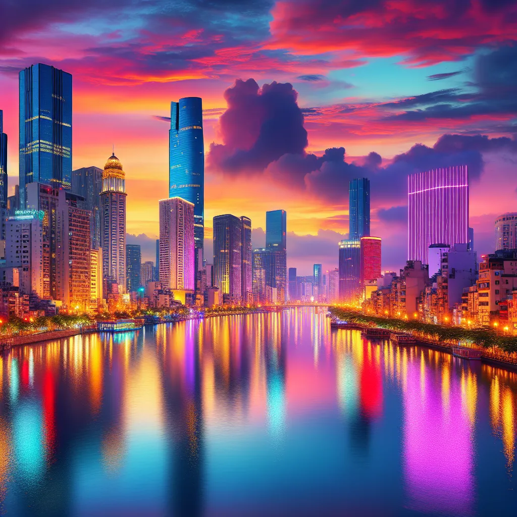 No worries! I can help you with that. 
Description: A vibrant and captivating cityscape at sunset, showcasing tall buildings silhouetted against a colorful sky, with the shimmering reflections of city lights on a tranquil river.