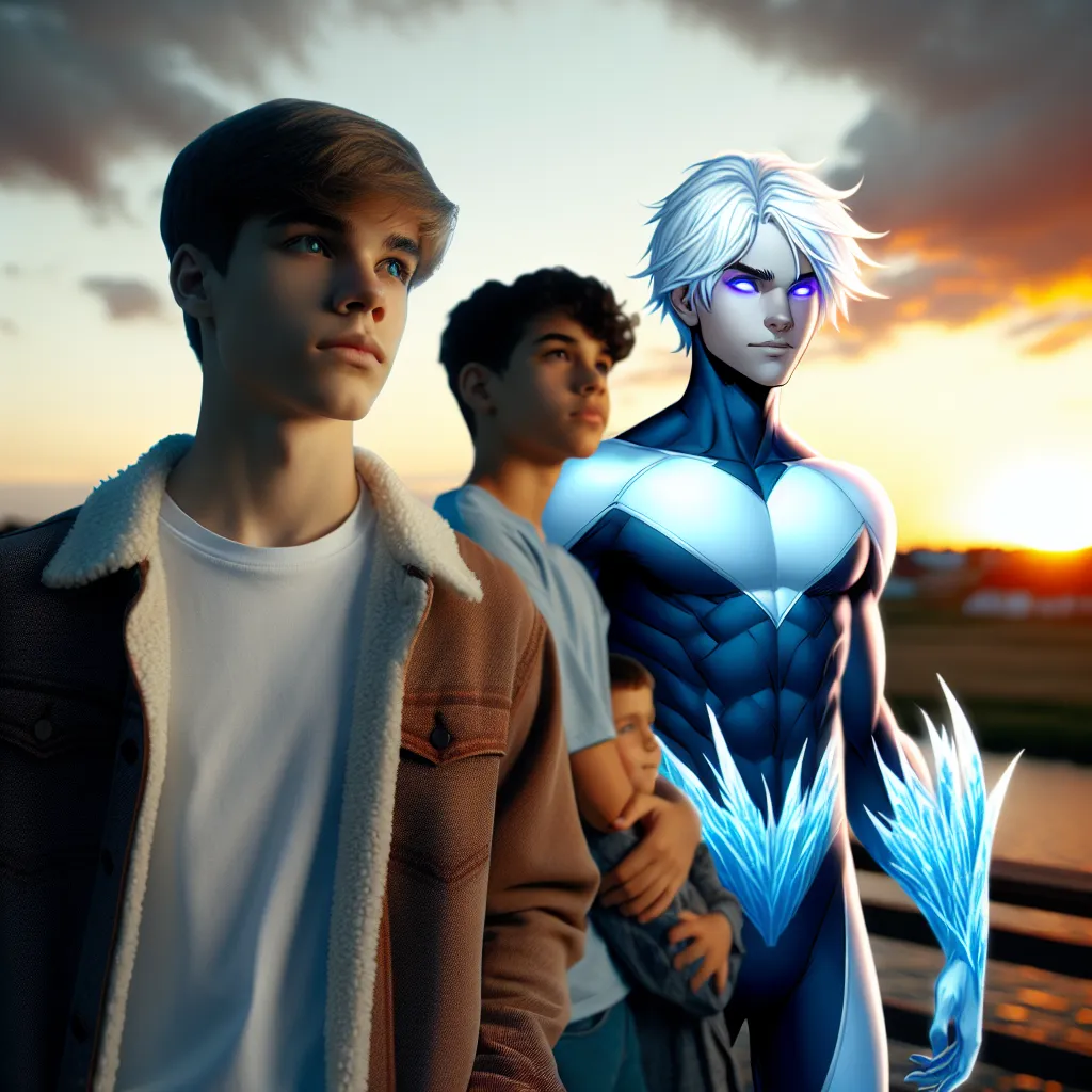 Description: A young adult in a superhero setting, the image features Cameron Maximoff, a character with the ability to manipulate ice and shadows. With icy white hair and purple eyes, Cameron stands alongside his adoptive siblings, Wanda and Pietro Maximoff, on a balcony at sunset. They have a sense of camaraderie and familial bond, embodying strength, loyalty, and love. The image captures the juxtaposition of Cameron's chilling powers and the warmth of their connection.