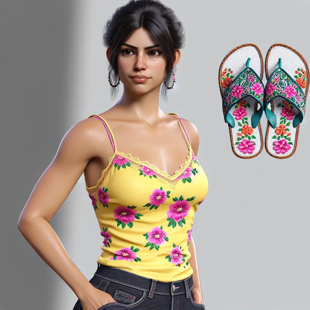 The image generated by DALLE will depict a strong, resilient Mexican woman standing confidently with her head held high. She will have dark hair styled in a neat bun, her eyes will be dark brown, and she will be wearing a bright yellow tank top with pink floral patterns. She will have on dark blue denim shorts and will be wearing feminine Mexican flip flops with delicate embroidery. The flip flops will be distinctly Mexican due to the traditional embroidery style. The woman will also be wearing 