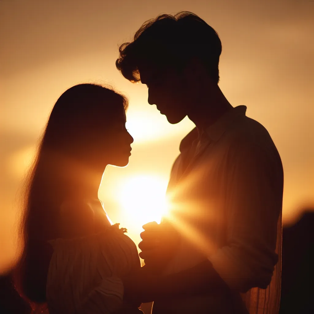 A silhouette of two lovers standing close together, gently holding each other, with the sun setting in the background, casting a warm, golden glow on their faces. The image captures the bittersweet moment of love surrendered but cherished, evoking a sense of tender longing and peaceful acceptance.