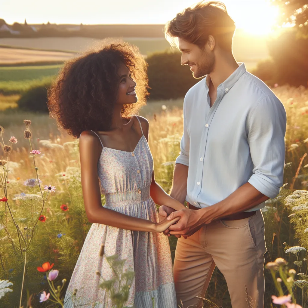 An intimate moment between two people in a sun-drenched field, captured by the warmth and desire palpable in their embrace and gentle gestures.