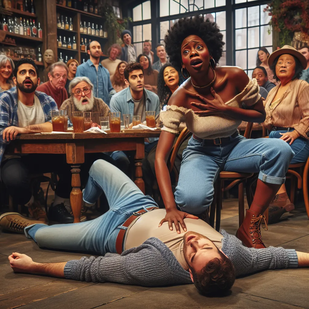 A woman leaning over a man sprawled on the floor of a café, comedically clutching his chest, with others around them looking on in amusement and concern.