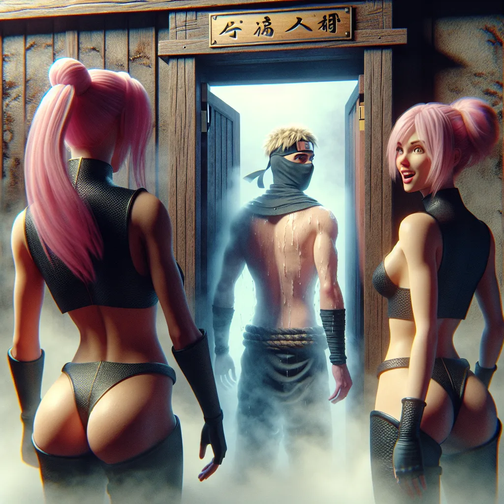 Naruto, Sakura, and Ino approach the entrance to the hot springs. Naruto's vision blurs, and he experiences a terrifying transformation into a female version of himself. Sakura and Ino tease and dismiss his concerns as he struggles to reclaim his true identity. The image should capture Naruto's distress and the haunting transformation he undergoes, highlighting the horror element of the story.