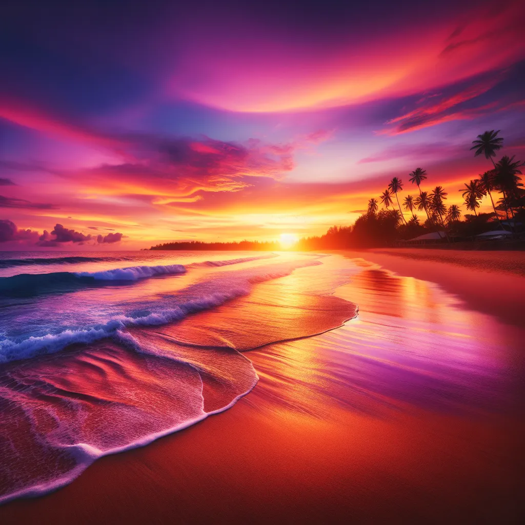 A serene and tranquil beach landscape at sunset, with vibrant hues of orange, pink, and purple illuminating the sky. Waves gently crash against the sandy shore, and palm trees sway in the distance.