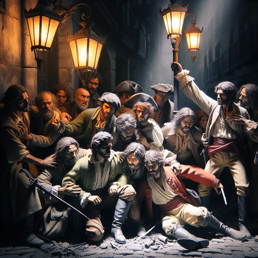 Title: Shadows of the Revolution: Betrayal and Resilience in 18th Century Spain

This image depicts a scene from 18th century Spain, showcasing a group of revolutionaries facing betrayal and their relentless resilience. The characters are dressed in period clothing, with dramatic shadows cast against the backdrop of a dimly lit street.