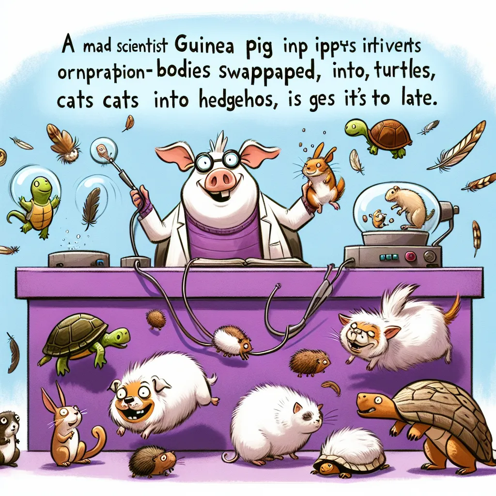Title: Swapocalypse: Chaos and Laughter in Paw-Tucket!

Description: In a whimsical world, a mad scientist guinea pig invents a Body-Swappinator, causing hilarious chaos as pets swap bodies. Dogs become turtles, cats become hedgehogs, and feathers fly as they try to undo the mayhem before it's too late.