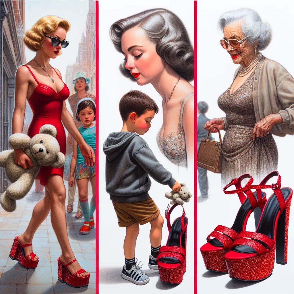 An image description for this story could be: "A young boy named Tommy, his mother Sarah, his aunt Emily, and his grandmother Margaret are featured alongside a pair of red platform sandals with glittering straps. Tommy, holding a stuffed animal, is wandering the streets while the women are portrayed with their respective physical description. The image captures the moment when Tommy discovers the platform sandals and picks them up, unknowingly starting a transformation process. The vibrant red c