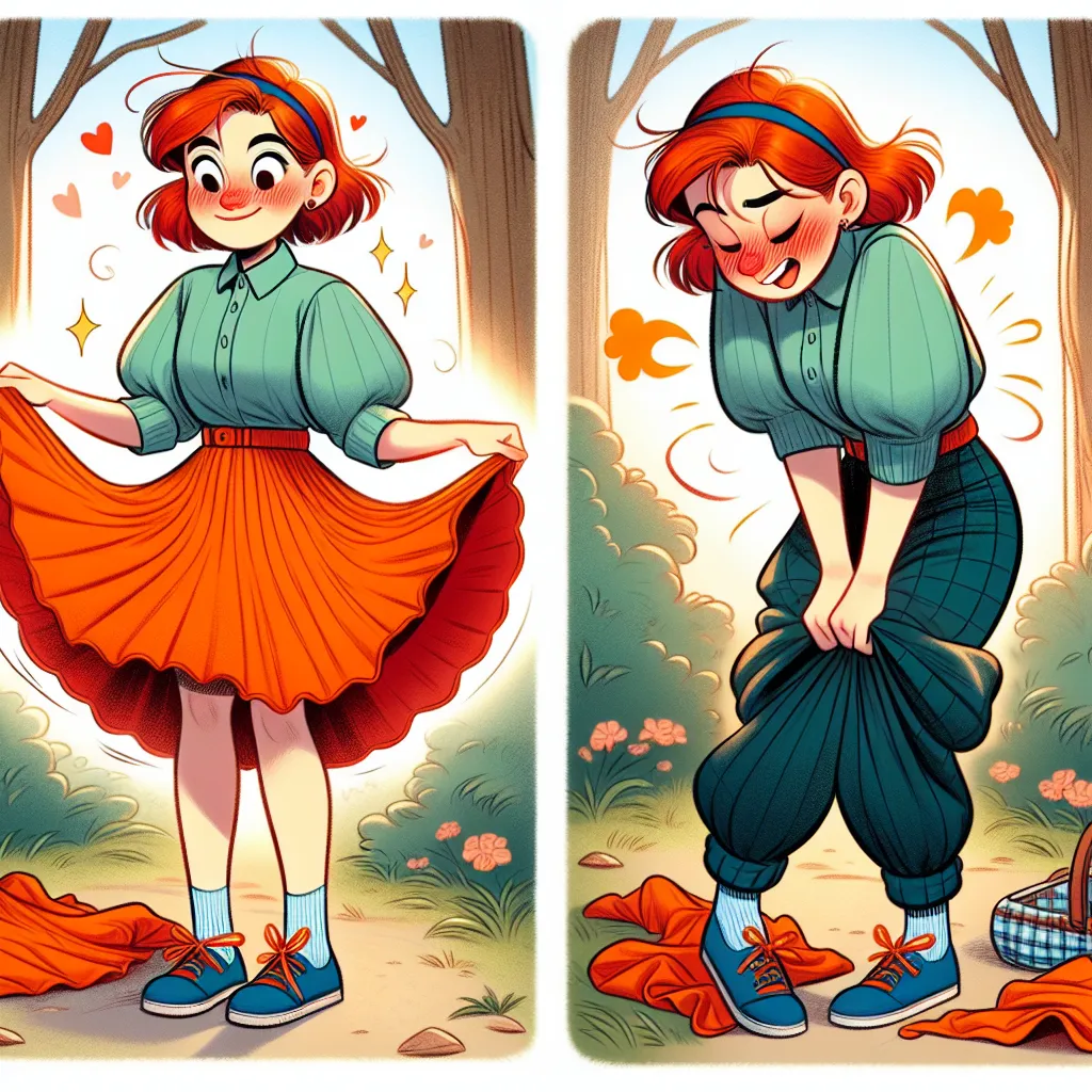 The image accompanying this story could depict a young woman named Amy Rose, dressed in a puffy green shirt, blue shoes with orange laces, and a red hair band. She is twirling happily in an orange skirt, reliving nostalgic memories. However, as she walks through a forest, her skirt gets caught on a branch, tearing off and leaving her in her green shirt and white panties with a blue waistband. Blushing and feeling exposed, she desperately calls out to her friend Tails for help. Tails, concerned, 