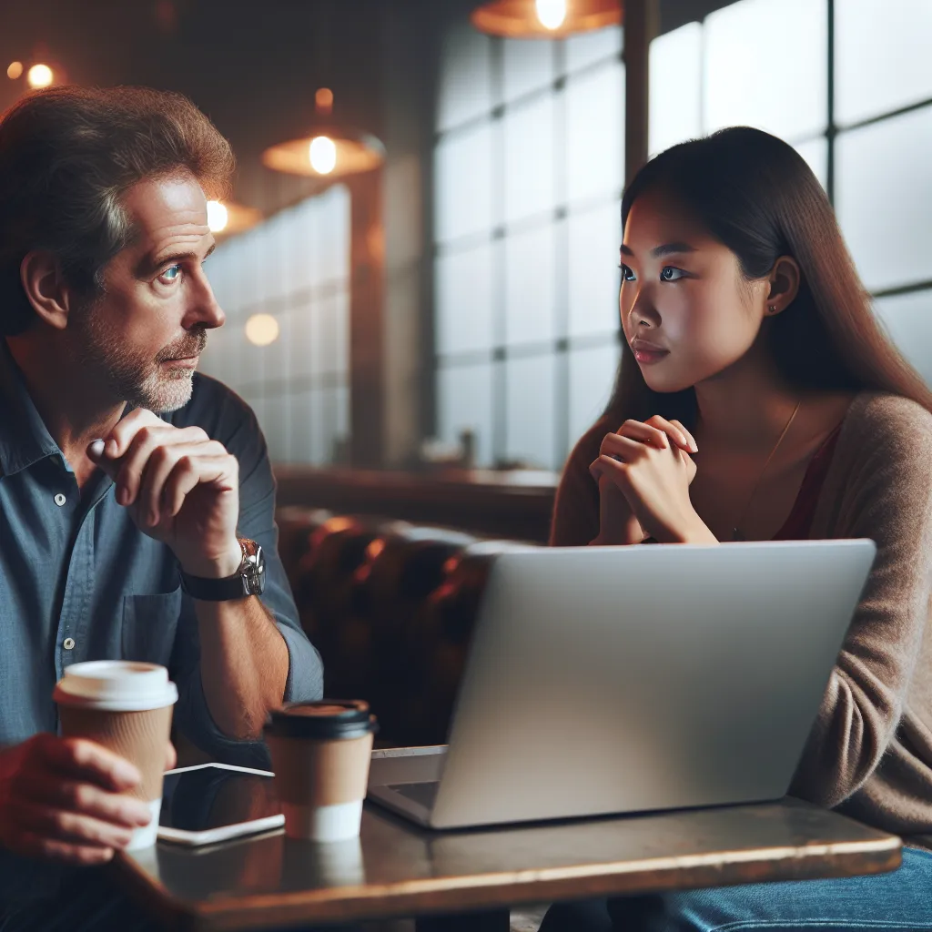 A man and a woman sitting at a coffee shop table engaged in deep conversation, with laptops and coffee cups in front of them.