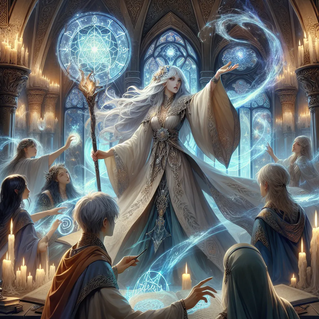 A silver-haired sorceress, Magik, guides students through the mystical realms of Dr. Strange's Sanctum, teaching them the delicate balance between magic and danger. As she imparts lessons on infernal dimensions and demon-summoning, her own past in the hell-dimensions, especially Limbo, shapes her teaching style with a mix of caution and resilience. The image depicts Magik leading her students through rituals atop the sanctum, showcasing both the allure and perils of the unseen worlds they are be