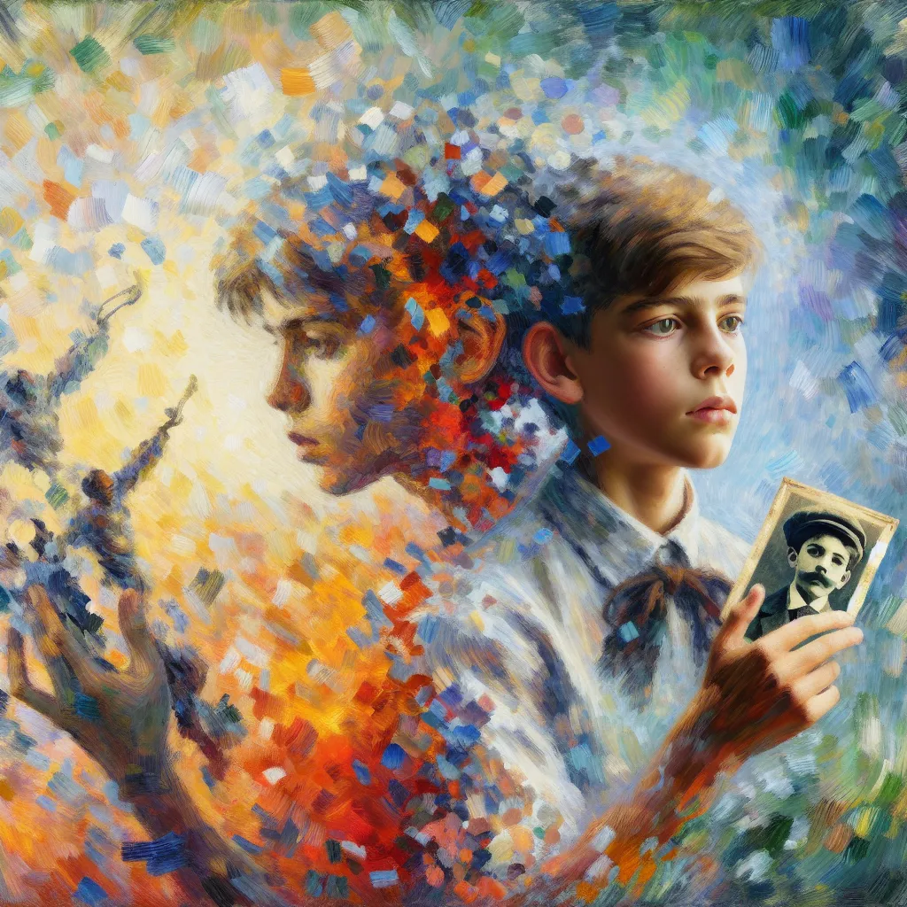 Boy, Transformation, Identity, Memories, Growth in the style of Monet