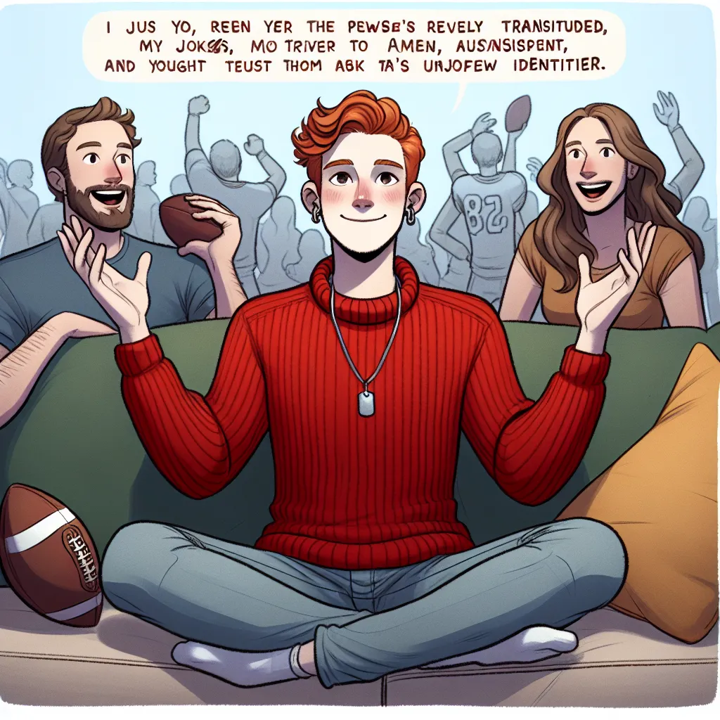 An image featuring two friends, Mike and Jamal, sitting together on a couch, watching a football game. Jamal has recently undergone a transformation, taking a drug called Femisia, which has turned him into a stunning redhead named Jada. Jada is seen with a confident and playful expression, wearing a tight red sweater that accentuates her figure. The two friends are shown laughing, joking, and enjoying each other's company, showcasing their strong bond and newfound adventure as Jada navigates lif