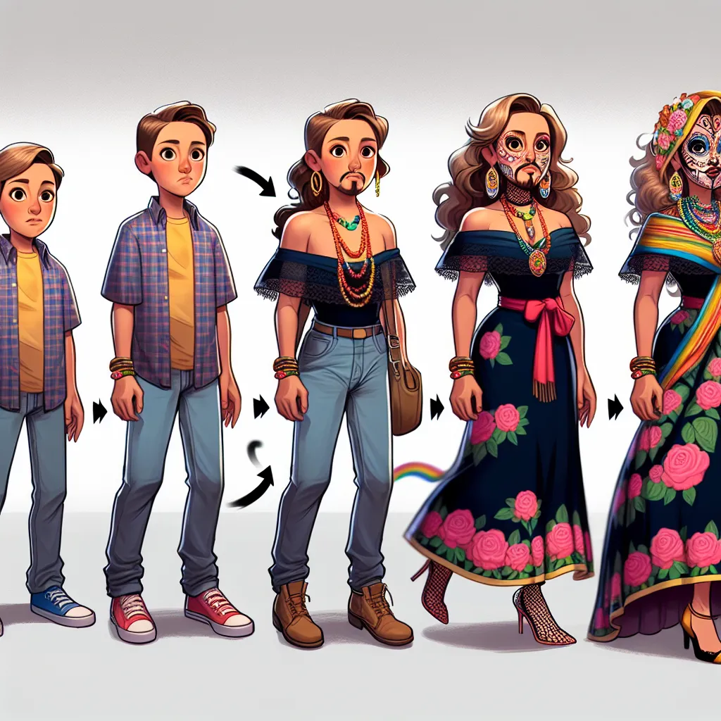 This image will depict a young boy named Henry Jameson accidentally transforming into his friend's Mexican mother, Rosa Torres. The transformation will progress visually, starting with Henry's feet changing to match Rosa's appearance and continuing up his body to his face and hair. Rosa's attire, jewelry, and accessories will gradually appear on Henry as he undergoes the transformation process. The scene will capture Henry's shock and confusion as he changes into Rosa, culminating in a full tran