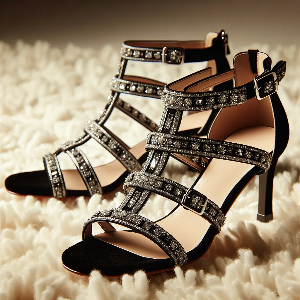 An image of a sparkling pair of strappy black sandals made of patent leather with glittery accents and a stiletto heel, set against a backdrop of a plush white rug.