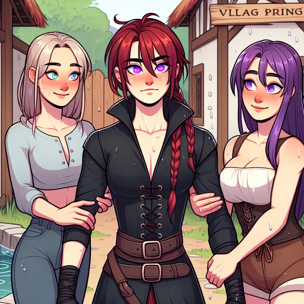 Description: Naruto Uzumaki, Sakura Haruno, and Ino Yamanaka stand near the entrance of the village hot springs. Naruto appears confused as the girls drag him toward the girls' side. The image captures the moment of transformation as Naruto's appearance shifts, his hair turning silky red and his eyes transforming into a deep, mysterious violet. Naruto's clothes adjust to fit his new female figure as Sakura and Ino playfully tease him. The image portrays the acceptance of Naruto's new reality as 