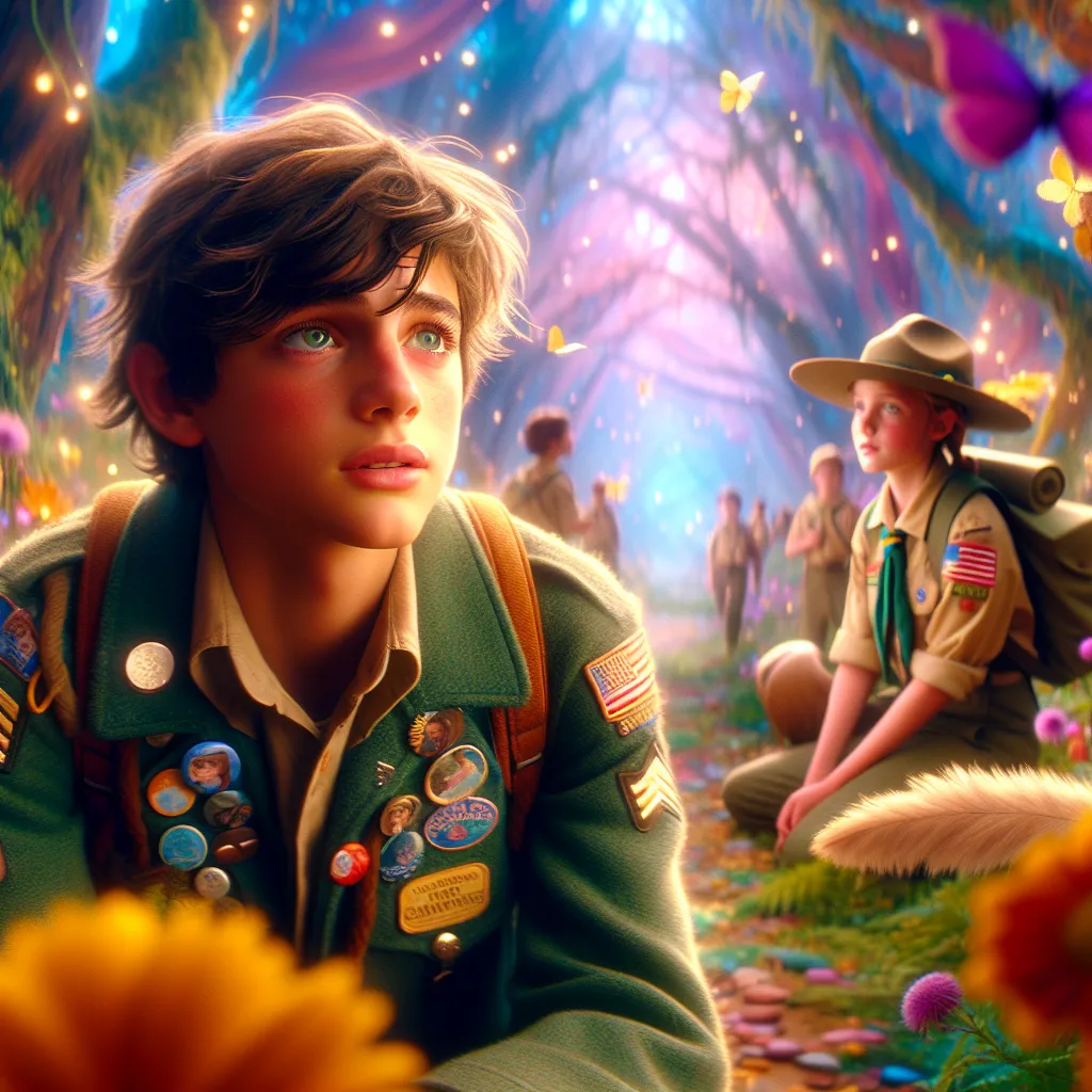 This story follows the transformation and subsequent adventures of Ethan, a young boy who finds himself in the body of a girl scout named Natalie. Through their unexpected connection, they both learn valuable lessons about empathy, understanding, and the magic of everyday life. This image should capture the spirit of adventure, friendship, and the ordinary moments that hold extraordinary potential.