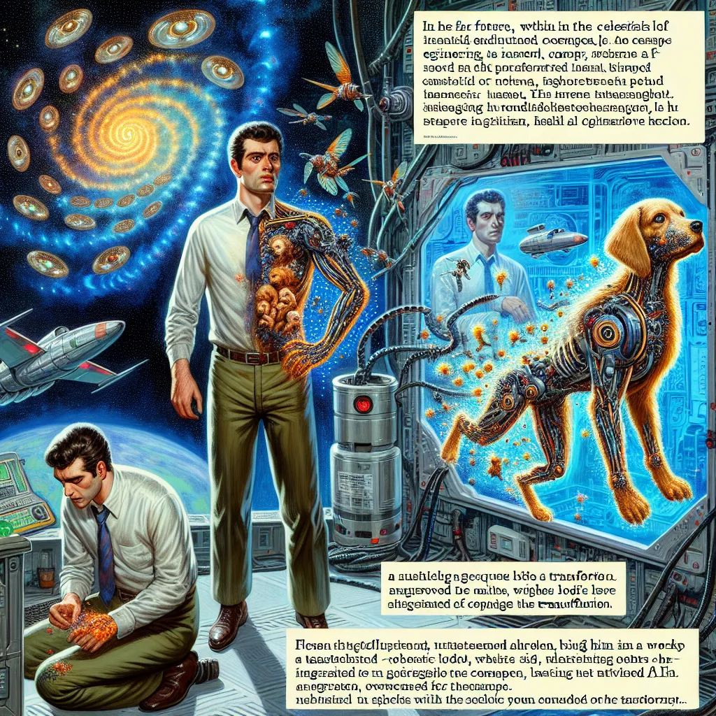 Far future, in space, man works for company in an bio engineering nanites lab, accident, nanites transform man in dog like robot creature, robot has AI, the man as robot escapes the facility via a spaceship
Show in a sequence how the nanites are changing his body. | Write (with AI)