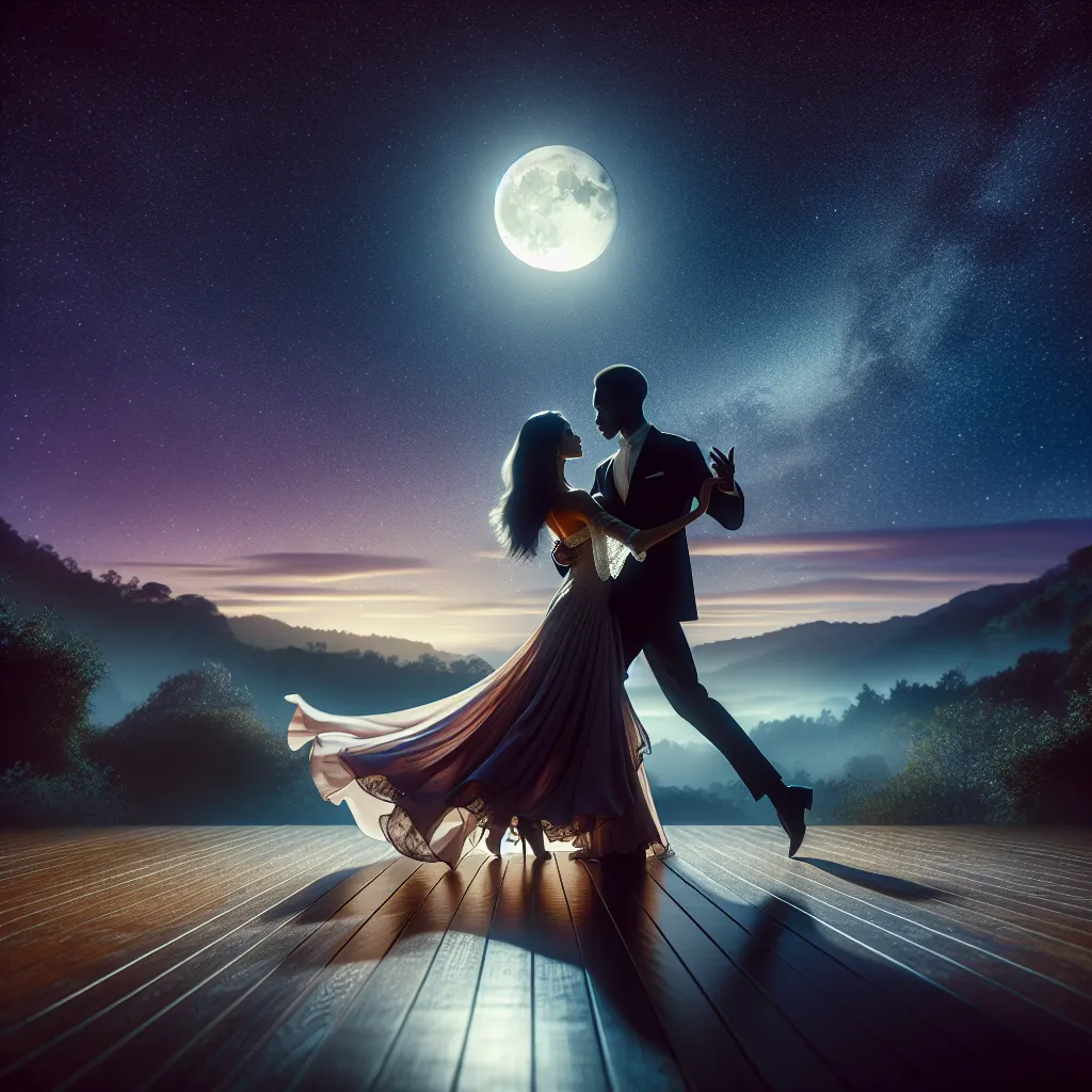 Title: "Swept Away by Moonlight" - A romantic scene under the moonlight, featuring a couple dancing passionately with a starry sky in the background.