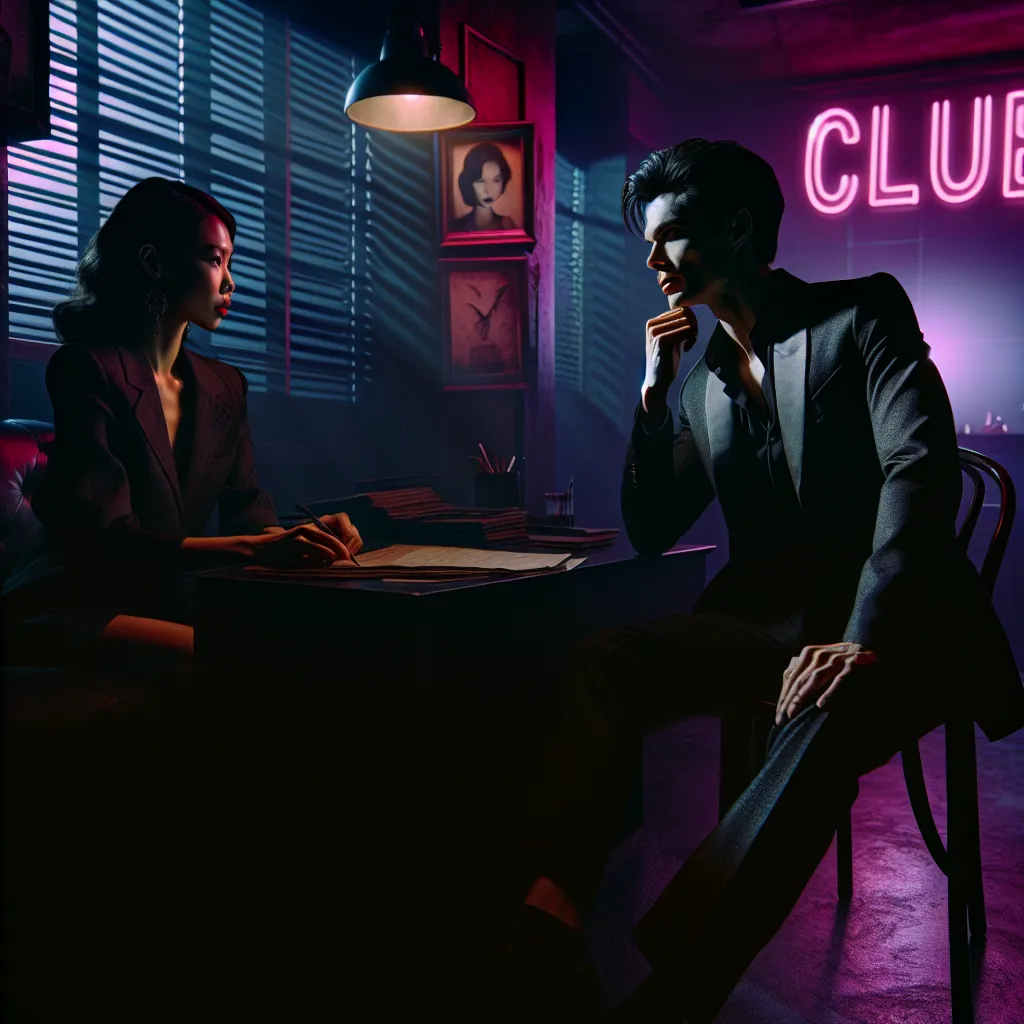 A scene inside a dark club office, where a human woman named Olivia Liu discusses with a vampire named Nico, both intrigued by the mystery of a missing woman named Lydia Liao who bears a striking resemblance to Olivia. Shrouded in shadows, the office is illuminated by a flickering neon sign outside, casting a violet and cherry-red glow through the window.