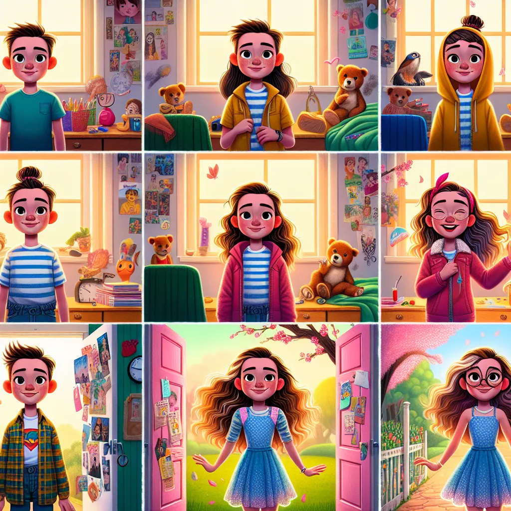 The image to accompany this story could show a whimsical transformation sequence where a young boy named Oliver Jameson gradually changes into a teenage girl named Sophie Mendez. This sequence could capture each stage of the transformation, from Oliver's features shifting into Sophie's to his clothing and surroundings evolving to match her teenage persona. The final frame could depict Sophie confidently embracing her new identity, embodying the essence of youth and growth.