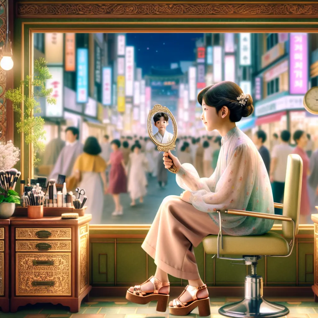 A heartwarming tale of a little boy named Oliver who, after a mystical experience at a Korean hair salon, finds himself in the body of stylist Dahye. This image captures Oliver's puzzlement as he admires his new reflection, dressed in Dahye's soft pastel blouse and rose gold platform sandals, holding a compact mirror delicately engraved. Beyond, the bustling city and strangers await to guide him on this unexpected journey.