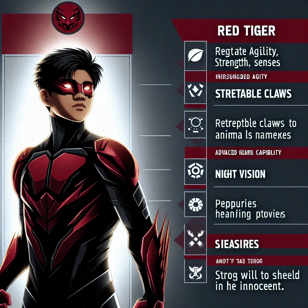 A dynamic image showcasing Red Tiger, a 16-year-old superhero with enhanced agility, strength, and senses. Clad in a black and deep red suit, he blends technology and homage to his animal archetype. Retractable claws, night vision, and enhanced hearing modules equip him for combat and stealth, while his fierce determination to protect the innocent drives him forward. The image captures Red Tiger's aura of strength and resilience as he embraces his role as a symbol of heroism in a dangerous world