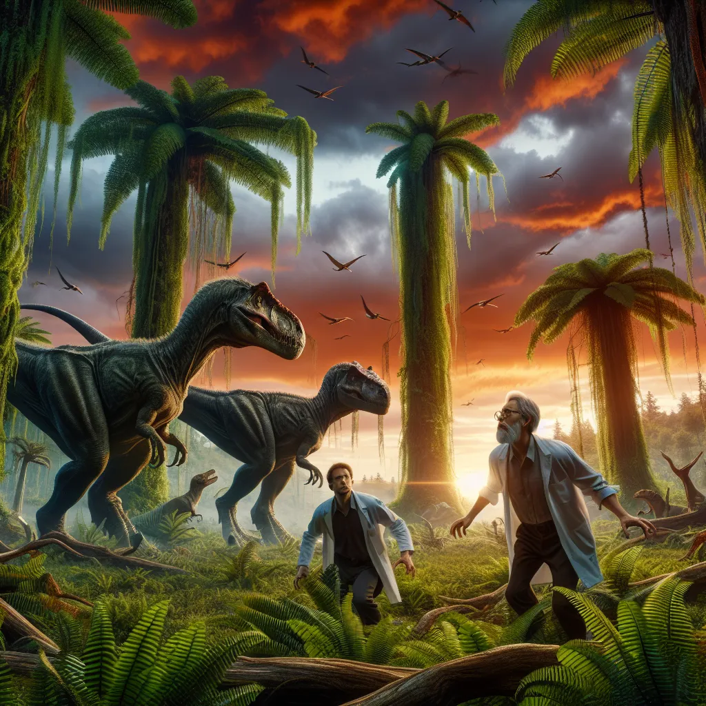 An intense science fiction story about two scientists who accidentally transform into dinosaurs in a prehistoric world, struggling to survive and find a way back to their human forms.