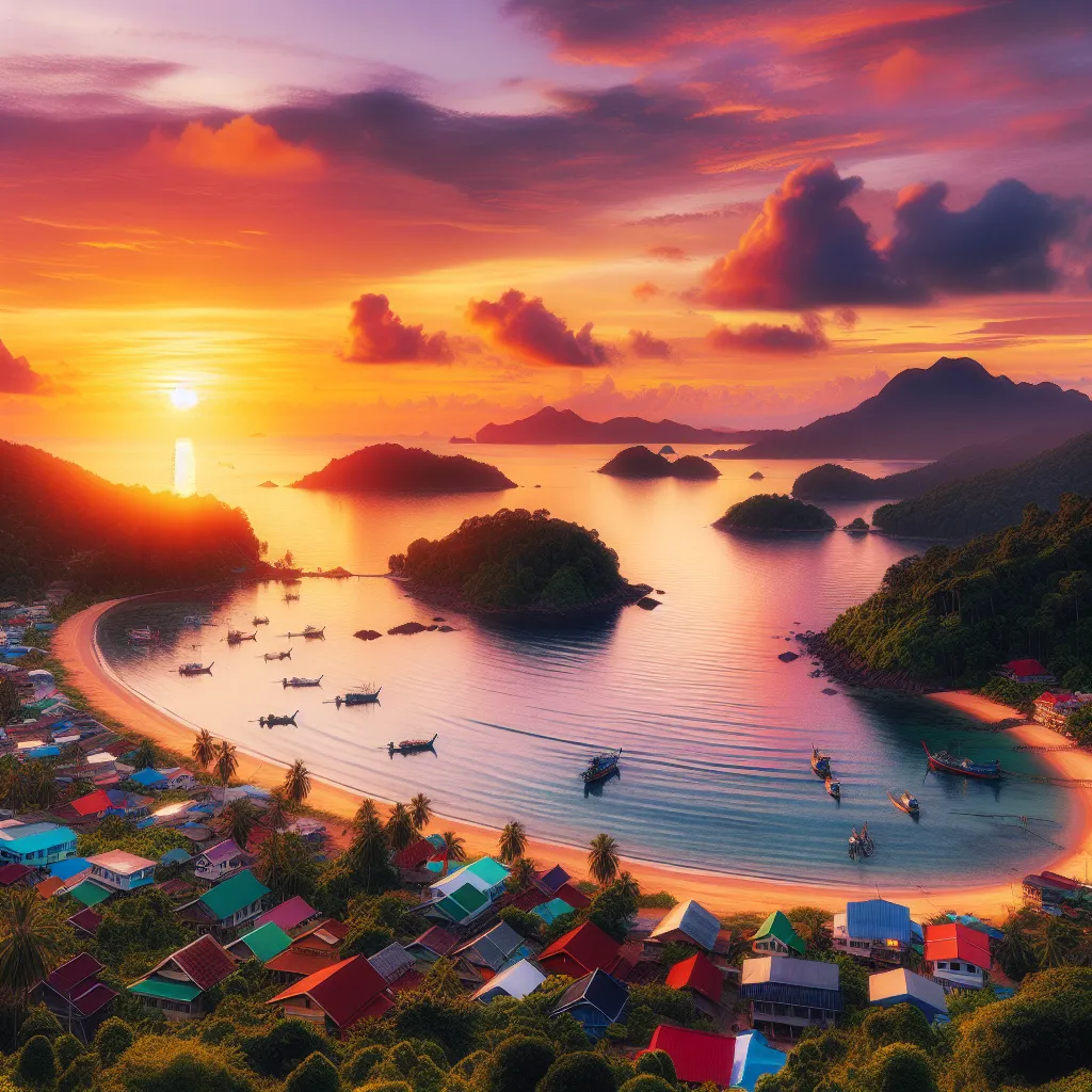A vibrant sunset over a peaceful coastal village, with colorful houses nestled between lush green hills and a serene beach, as fishing boats sail on calm waters.