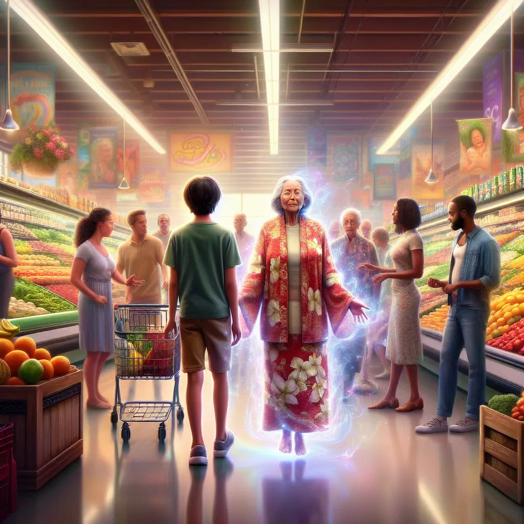 A surreal and poignant tale where a young boy named Ethan undergoes a mysterious transformation into a Hawaiian matriarch named Kuulei, encapsulating the emotional journey of identity and acceptance within a bustling grocery store setting.