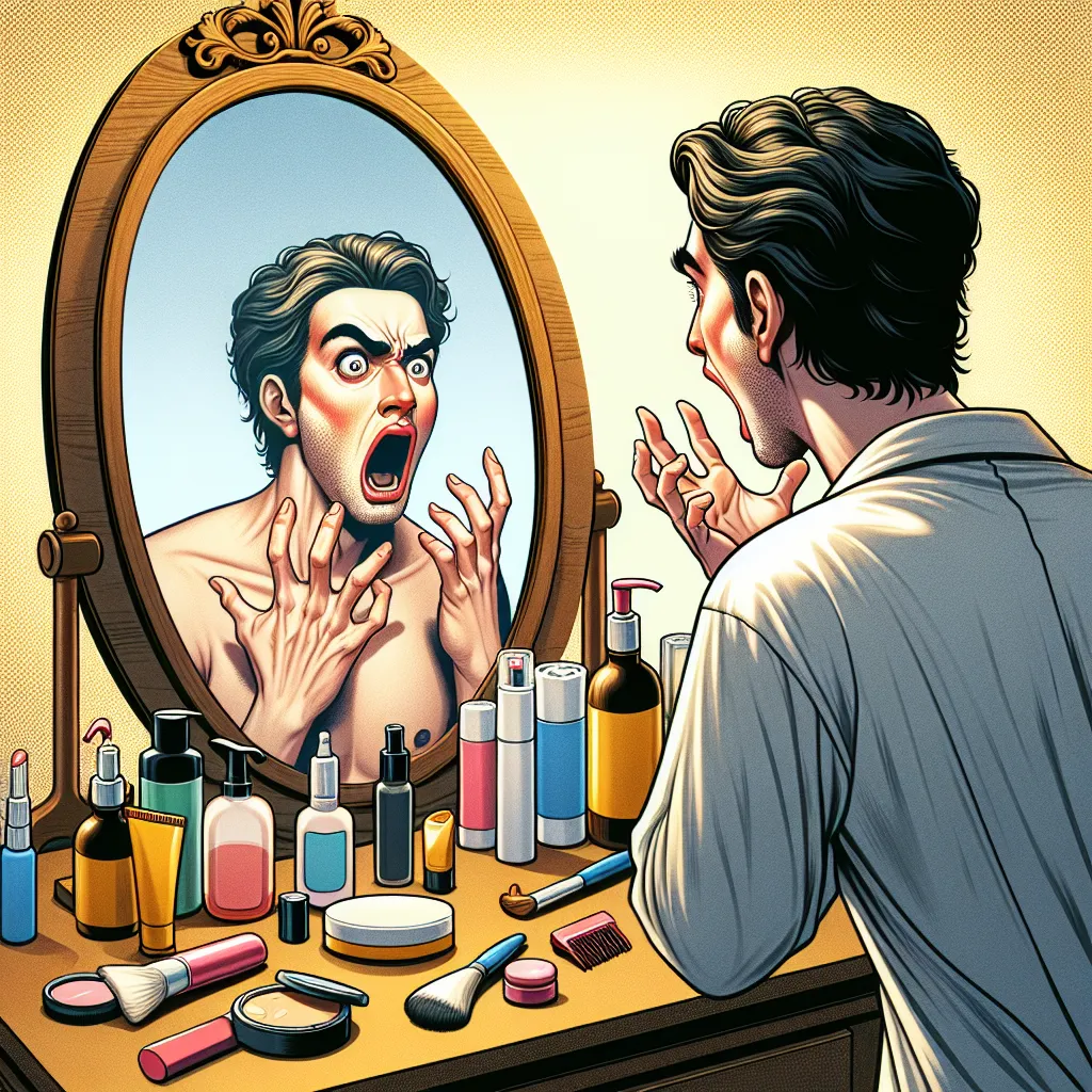 An image is requested to visualize a scene from the story where Bryan, transformed into Sandra, confronts his own reflection in the mirror, surrounded by makeup and beauty products. Bryan/Sandra's face shows confusion and shock as they grapple with their altered appearance and identity. The mirror reflects an unexpected transformation, symbolizing the profound changes they are experiencing.