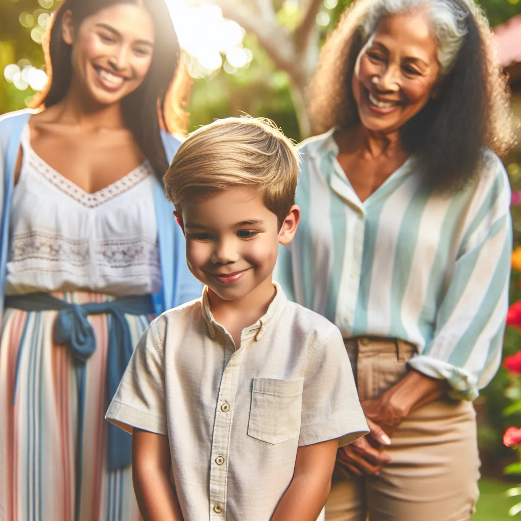 A young boy named Joey stands with his aunt, cousin, and grandmother in a garden. Joey has short blonde hair and is wearing a light-colored shirt and shorts, while his aunt, cousin, and grandmother are all smiling, looking down at him. The sun is shining and there are flowers in bloom around them.